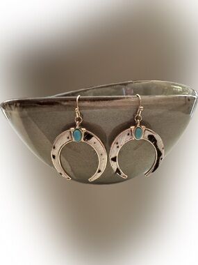 Cow Print Bull Horn Earrings with Turquoise Accent Hair On Detailing